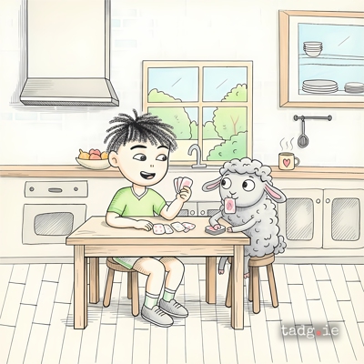 No Full House without Collie - Remy and the little black sheep play cards