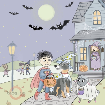 Trick-or-treating with Remy and pals - A special Halloween, scene, or Oiche Shamhna as it is known in the original Irish language