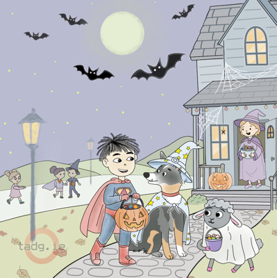 Trick-or-treating with Remy and pals - A special Halloween, scene, or Oiche Shamhna as it is known in the original Irish language