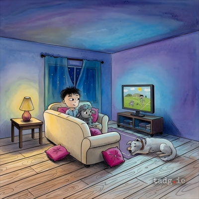 Back cover image - Remy and the little black sheep watch television while the collie is soundly asleep on the rug in front of them.