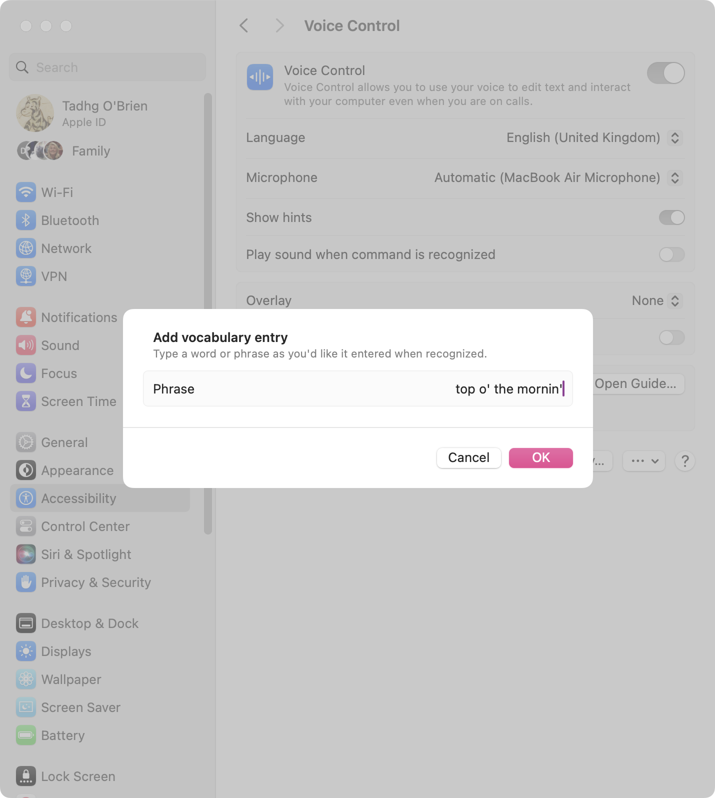 macOS voice control vocabulary