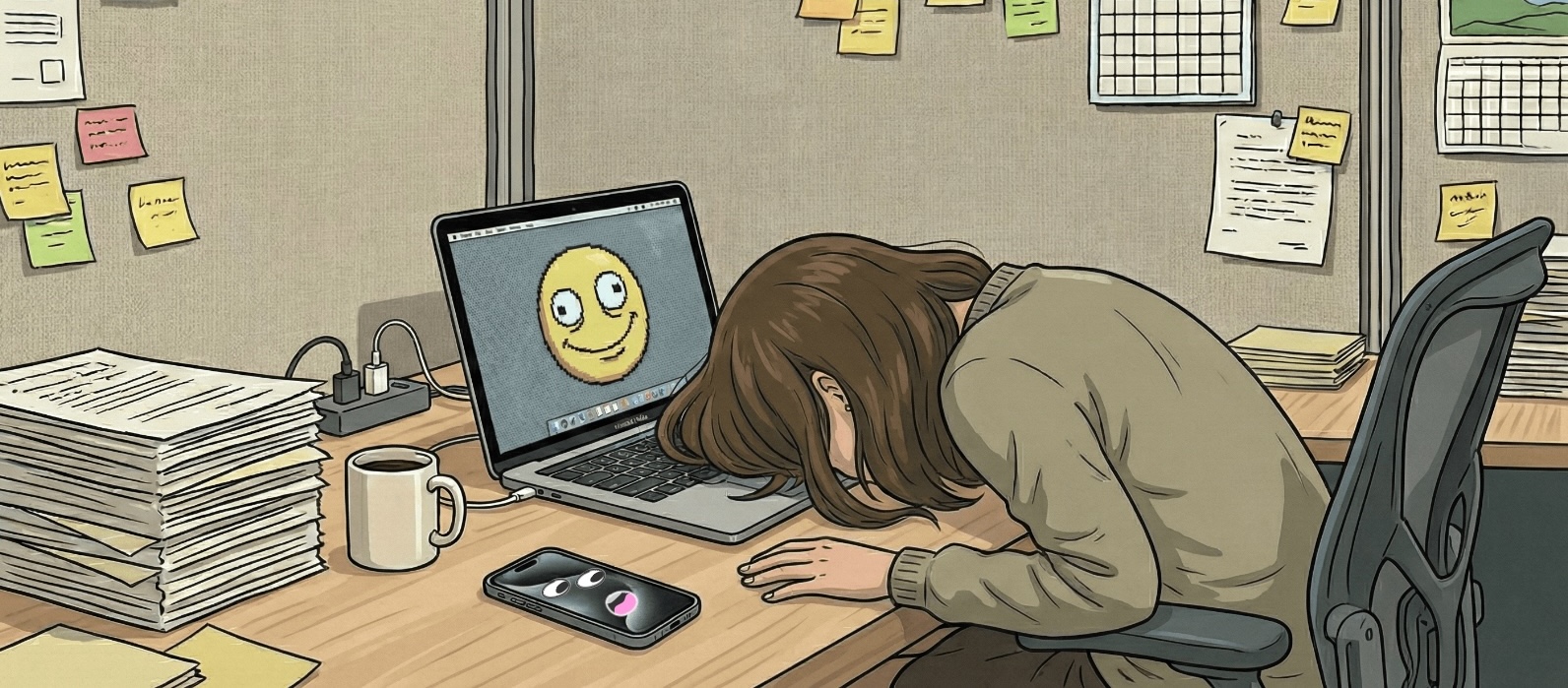 A woman gives up on her AI assistent, facepalms into her keyboard, as the eyes on her smartphone watch on.