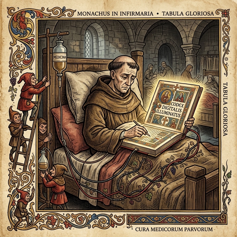 A medieval monk in a medieval hospital bed with a glowing book-like-laptop.