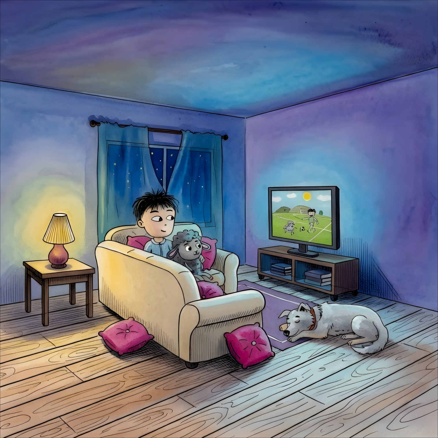 Remy and his lamb watching television, with the collie dog asleep on the rug.