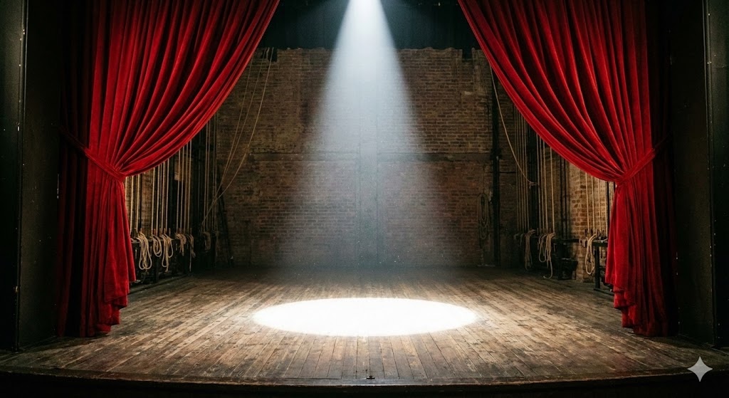 A theatre stage with a single spotloight and curtains to side. Stage is empty.