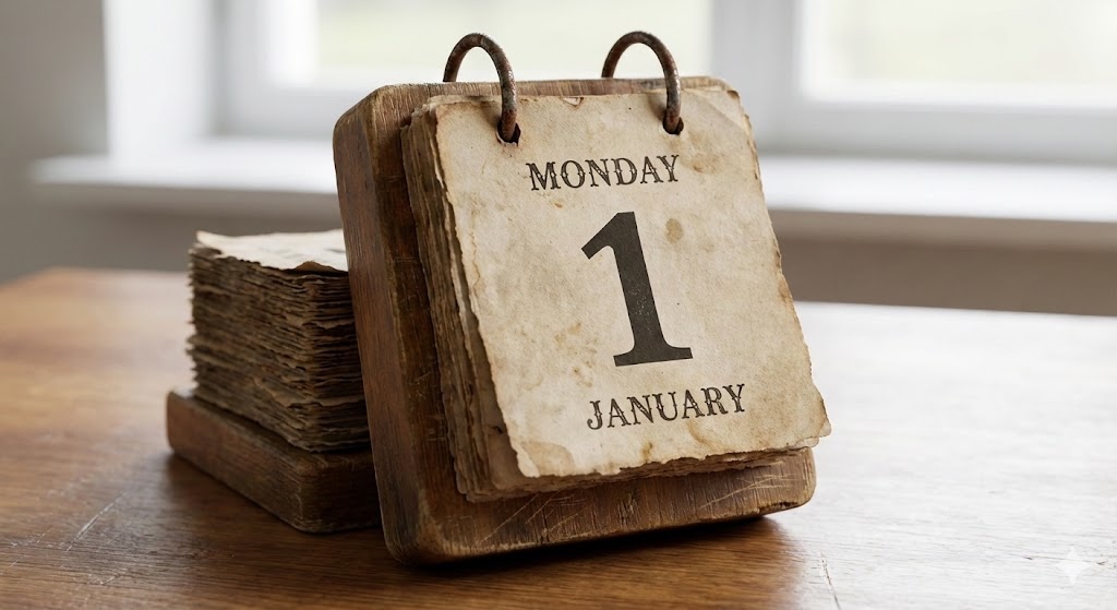 An old-style calendar showing January 1st