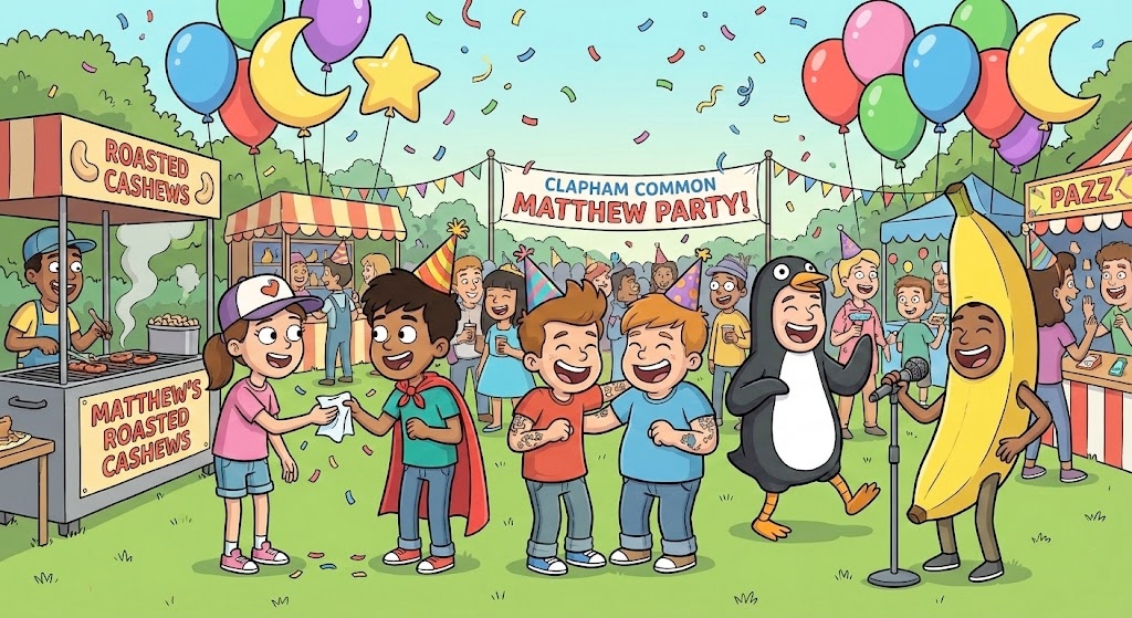 A party at Clapham Common with balloons and people in costumes celebrating the Matthews
